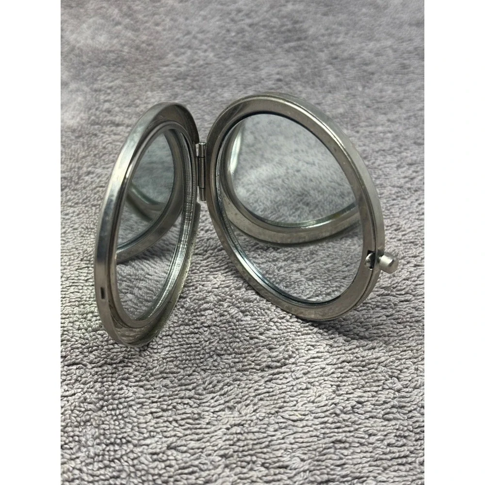 Vintage Style Compact Mirror Green Amber Faceted Glass Silver Tone Round